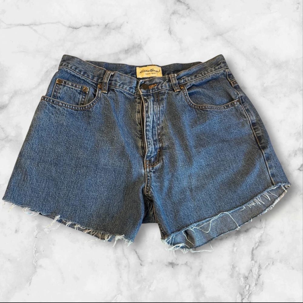 Eddie Bauer denim Jean shorts 10 medium wash distressed‎ cutoff style  hem. EUC